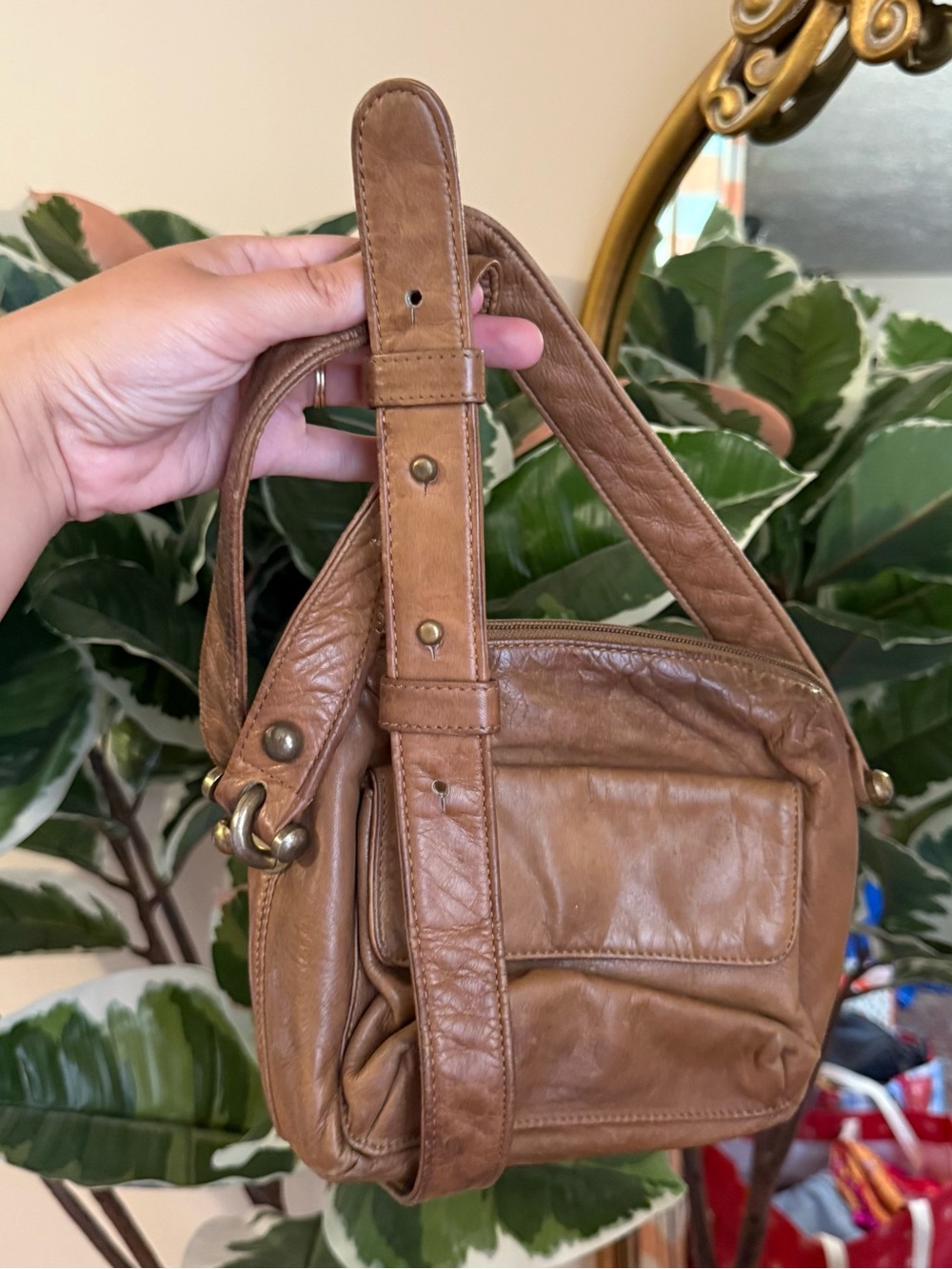 DKNY Tan Leather Crossbody Bag with Front Pocket
